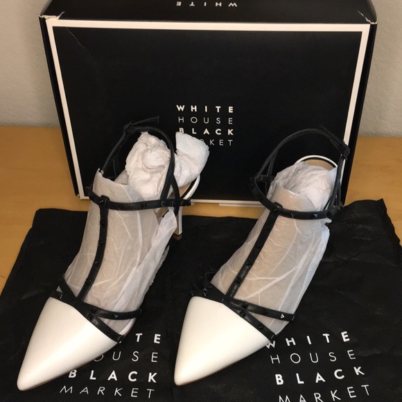 WHBM Gianna Studded B&W Black & White Pump Strappy Sandals Heels, Sz 8.5, NWT - Picture 9 of 12